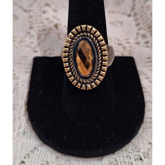 Lia Sophia Silver & Gold Tone Oval Statement Ring With Faceted Amber Stone - Picture 1 of 5